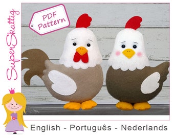 Felt Pattern Harry & Kiki, softie pattern, plush animal chicken and Rooster, pdf sewing pattern by Superskattig