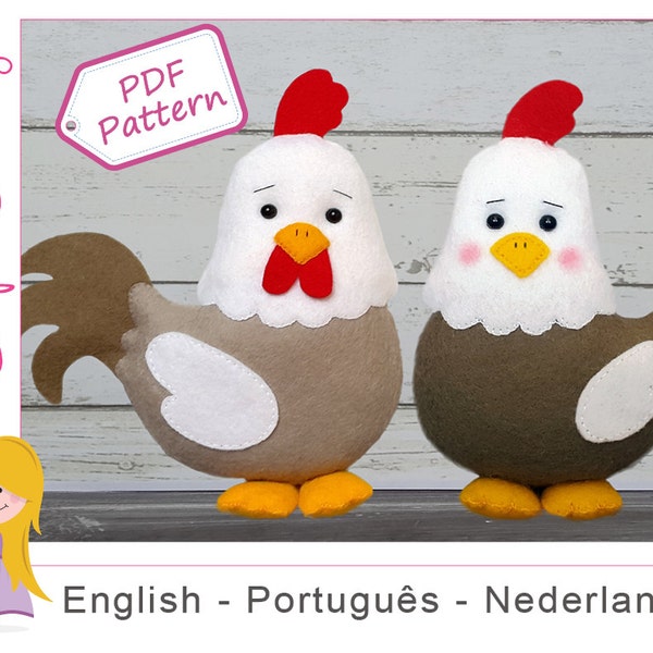 Felt Pattern Harry & Kiki, softie pattern, plush animal chicken and Rooster, pdf sewing pattern by Superskattig