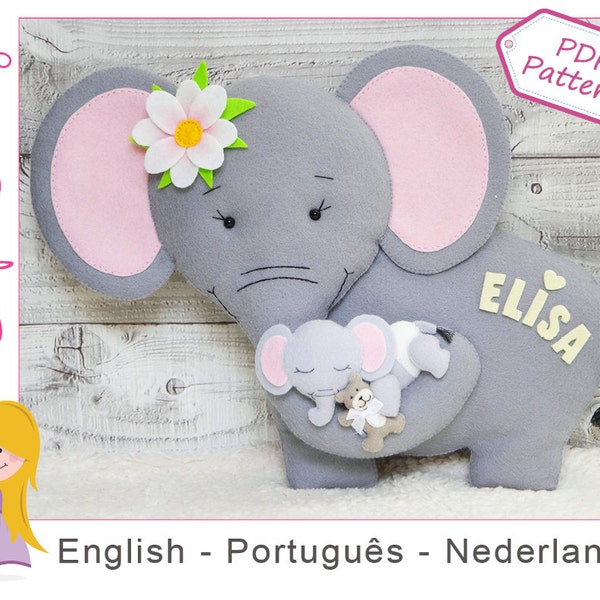 Felt pattern Mama Elephant, softie pattern animal, plush pattern elephant, pdf sewing pattern by Superskattig