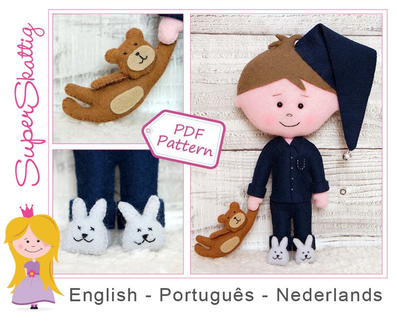 Duco And Teddy: boy doll sewing pattern with teddy bear and bunny slippers