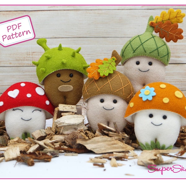 Felt pattern chestnut, acorn and mushroom, pdf felt pattern forest by Superskattig