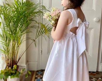 Linen Dress with Open Bow Back. Flower Girl, Bridesmaid, Wedding, Party. Relaxed natural dress