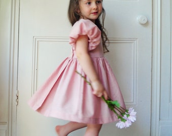 Puff Sleeve Linen Dress with Cross Back and Buttons. Flower Girl, Bridesmaid, Party
