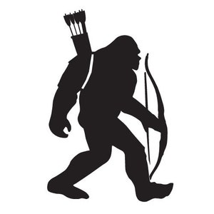 May include: A black silhouette of a Bigfoot holding a bow and arrow. The Bigfoot is walking forward with its right foot forward and its left foot back. The bow is held in its right hand and the arrow is pointing forward.