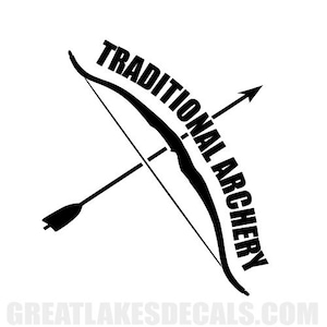 May include: Black and white silhouette of a bow and arrow with the text "TRADITIONAL ARCHERY" curved around the bow.