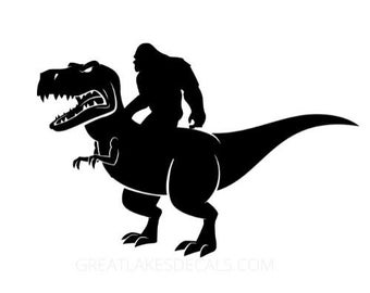 May include: Black and white silhouette of a Bigfoot riding a dinosaur.
