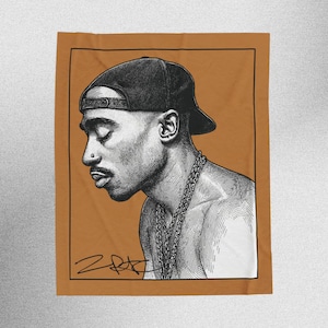 May include: A portrait of a man wearing a black cap and a gold chain necklace, rendered in a detailed black and white illustration style. The image is set against a burnt orange background with a black border and a signature.