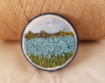 Blue sky embroidered brooch, handmade jewelry, floral brooch, blue jewelry, gift for her, embroidered landscape