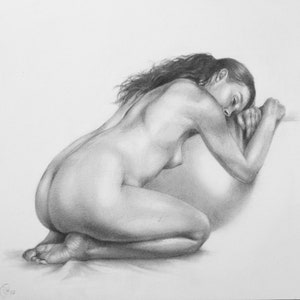 Hand Drawn Nude Female Figure Drawing Print. Black and White