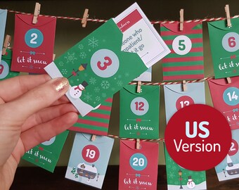 Acts of Kindness printable Advent Calendar US Version - 24 Good Deed cards in mini envelopes. Instant download, Christmas Village design