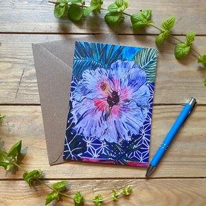 Carte de voeux vierge, impression aquarelle, fleur d'hibiscus, feuilles tropicales, motif carreau