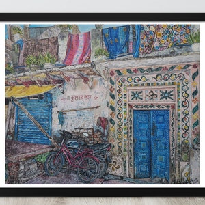 Indian Village Scene Oil Painting Framed Poster Print