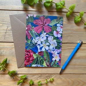 Bloemen blanco wenskaart olieverfschilderij Print Frangipani Hibiscus