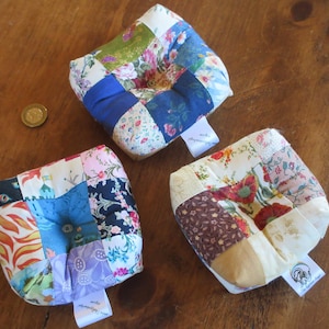 Patchwork pin cushion stuffed with polyester wadding