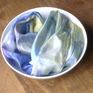 Hand made ice dyed blue and yellow lightweight long silk scarf