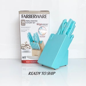 Farberware Triple Riveted Knife Block Set, 15-Piece, Navy and Gold