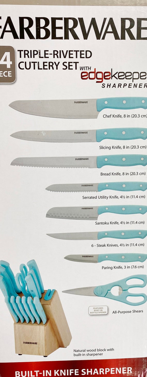 Aqua Sky Farberware 14 Piece Knife Block Set ,rare Farberware Set