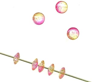 Bicolor Rose Pink & Jonquil Yellow Crackle Glass Saucer Spacer Beads 8mm (8)