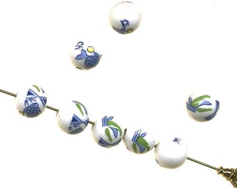Koi Goldfish Porcelain Beads: Blue & White Round Beads, 12mm (8)