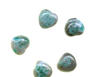 Vintage Lampwork Heart Beads: Dove Gray Zircon Blue Luster Glass (5, 15mm)