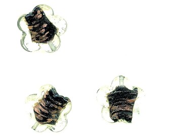 Black and Sparkling Gold Aventurine Large Encased  Lampwork Flower Focal Beads 24mm (3)