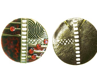 Deep Red Glossy Enamel, Rhinestone & Brass Contemporary Abstract Art Cloisonne Pendant BIG 48mm