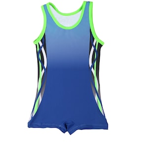 May include: A blue and green athletic singlet with a gradient design. The singlet features a blue base that fades to a lighter blue at the top, with green trim around the neck and armholes. Black, white, and gray accents run down the sides.