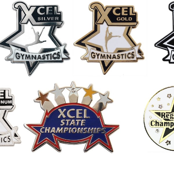 Xcel Gymnastics Pins - Bronze, Silver, Gold, Platinum, Diamond, State, and Regionals