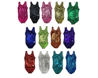 May include: A collection of shiny, sleeveless gymnastics leotards in various colors, including pink, black, gold, green, blue, and purple. Each leotard has a scoop neck and a small star embellishment.