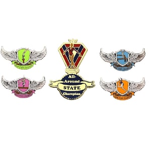 May include: A collection of colorful enamel pins featuring a shield design with wings. Each pin has a different sport-related graphic and the words "All-Around State Champion". The pins are in various colors, including green, pink, blue, and orange.