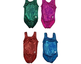May include: Four sleeveless leotards in metallic green, magenta, red, and blue. Each one-piece garment features a scoop neckline and a small, silver-colored snowflake emblem positioned on the lower left side of the front bodice.