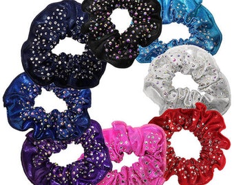 Mystique Hair Scrunchie with Crystal AB rhinestones for Gymnastics, Dance, and Cheerleading - Variety of Colors to choose from
