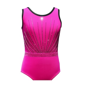 Pretty in Pink Rhinestone Gymnastics or Dance Girls Pink and Black Leotard by Snowflake Designs