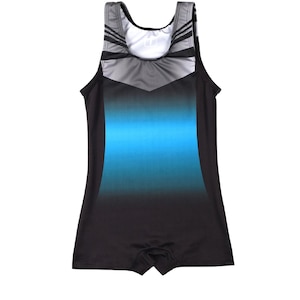 May include: A black and blue athletic bodysuit. The bodysuit features a gradient design, transitioning from black to blue. The top has a gray mesh panel and straps. The garment is designed for athletic activities.