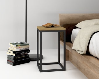 Metal Bedside Table - side table with an oak top, end table
