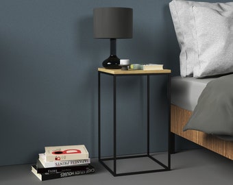 Metal Bedside Table - side table with an oak top, end table