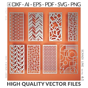Op de afbeelding: Een verzameling van acht lasergesneden decoratieve panelen met diverse geometrische en abstracte patronen. De panelen staan tegen een oranje achtergrond. Tekst bovenaan geeft bestandsformaten aan: DXF, AI, EPS, PDF, SVG en PNG. De tekst "HIGH QUALITY VECTOR FILES" staat onderaan.