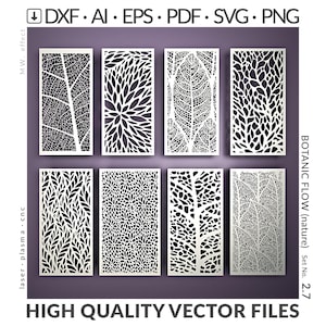 Può includere: Otto pannelli rettangolari bianchi con intricati disegni botanici neri. I pannelli presentano vari motivi di foglie e fiori, adatti per il taglio laser o progetti CNC. Il testo in alto indica i formati di file: DXF, AI, EPS, PDF, SVG e PNG. Il testo "HIGH QUALITY VECTOR FILES" è in basso.