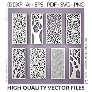 Può includere: Otto pannelli rettangolari bianchi con intricati disegni botanici, tra cui foglie e motivi ad albero. L'immagine include testo: DXF, AI, EPS, PDF, SVG, PNG, laser plasma cnc, Botanic Flow e High Quality Vector Files.