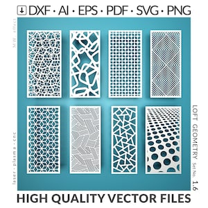 Könnte beinhalten: Acht weiße geometrische Vektordateien mit verschiedenen Mustern, darunter Sechsecke, Linien und Kreise, werden auf einem türkisblauen Hintergrund dargestellt. Das Bild enthält den Text "DXF, AI, EPS, PDF, SVG, PNG" und "HIGH QUALITY VECTOR FILES."