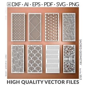 以下が含まれることがあります： 線、形状、扇形モチーフなど、複雑なパターンを持つ8つの白い幾何学模様のパネルデザインのコレクション。画像には「DXF、AI、EPS、PDF、SVG、PNG」と「HIGH QUALITY VECTOR FILES」というテキストが含まれています。デザインは「SACRED GEOMETRY」と表示されています。