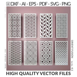 Könnte beinhalten: Acht weiße, rechteckige Vektordateien mit komplizierten geometrischen Mustern werden vor einem rosa Hintergrund angezeigt. Das Bild enthält oben Text, der Dateiformate angibt: DXF, AI, EPS, PDF, SVG und PNG. Der Text unten lautet "HIGH QUALITY VECTOR FILES".