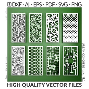 Könnte beinhalten: Eine Sammlung von acht weißen, lasergeschnittenen Dekorplatten mit verschiedenen geometrischen und abstrakten Designs. Die Paneele sind vor einem grünen Hintergrund dargestellt. Text oben zeigt Dateiformate: DXF, AI, EPS, PDF, SVG und PNG. Der Text "HIGH QUALITY VECTOR FILES" steht unten.