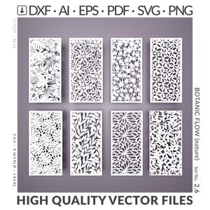 Op de afbeelding: Acht witte rechthoekige panelen met ingewikkelde botanische ontwerpen, waaronder bladeren en bloemmotieven. De afbeelding bevat tekst: DXF, AI, EPS, PDF, SVG, PNG, laser plasma cnc, MW. effect, BOTANIC FLOW (nature) en HIGH QUALITY VECTOR FILES.