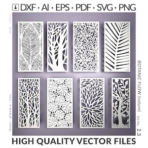 Può includere: Una collezione di file vettoriali bianchi tagliati al laser con disegni botanici. I disegni includono foglie, alberi e motivi floreali. Il testo in alto indica i formati di file: DXF, AI, EPS, PDF, SVG e PNG. Il testo "HIGH QUALITY VECTOR FILES" è in basso.