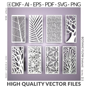Puede incluir: Una colección de ocho archivos vectoriales rectangulares blancos con diseños botánicos, incluyendo hojas y siluetas de árboles. La imagen incluye el texto "HIGH QUALITY VECTOR FILES" y abreviaturas de tipos de archivo.