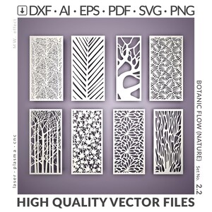 Puede incluir: Ocho paneles rectangulares blancos con intrincados diseños recortados con temas de la naturaleza. Los paneles presentan varios patrones botánicos, incluyendo hojas, árboles y motivos florales. El texto en la parte superior indica los formatos de archivo: DXF, AI, EPS, PDF, SVG y PNG. El texto "HIGH QUALITY VECTOR FILES" está en la parte inferior.