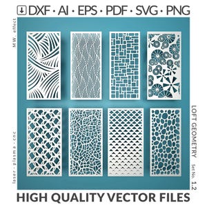 Puede incluir: Ocho paneles decorativos blancos con varios patrones geométricos recortados, incluyendo olas, cuadrados y círculos, se muestran sobre un fondo verde azulado. La imagen incluye el texto "HIGH QUALITY VECTOR FILES".