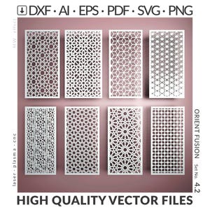 Könnte beinhalten: Acht weiße, lasergeschnittene Dekorplatten mit komplexen geometrischen Mustern. Die Platten sind rechteckig und in zwei Reihen angeordnet. Text oben zeigt Dateiformate: DXF, AI, EPS, PDF, SVG und PNG. Der Text "HIGH QUALITY VECTOR FILES" steht unten.