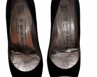 VTG Bruno Magli Black Suede Pumps Silver Snakeskin Cap Toe Italy Size 6
